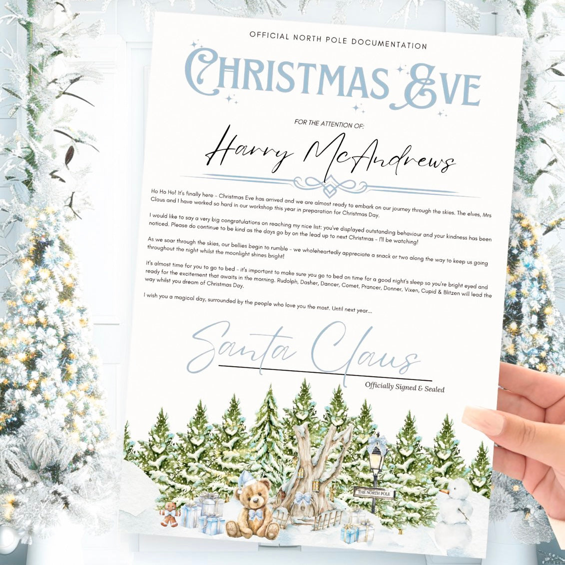 A4 CHRISTMAS EVE LETTER - NORTH POLE VILLAGE - BLUE TEDDY