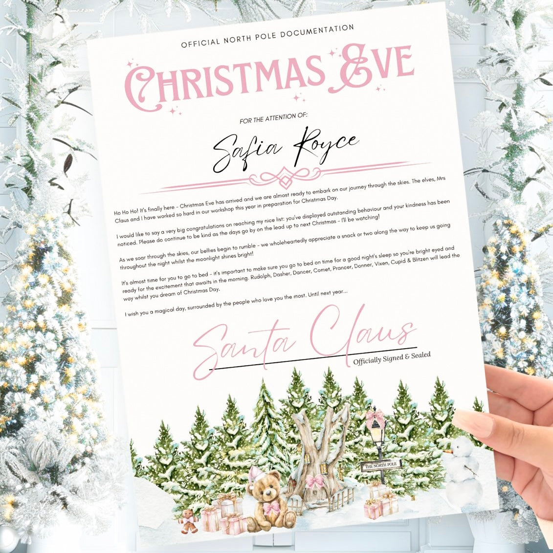 A4 CHRISTMAS EVE LETTER - NORTH POLE VILLAGE - PINK TEDDY