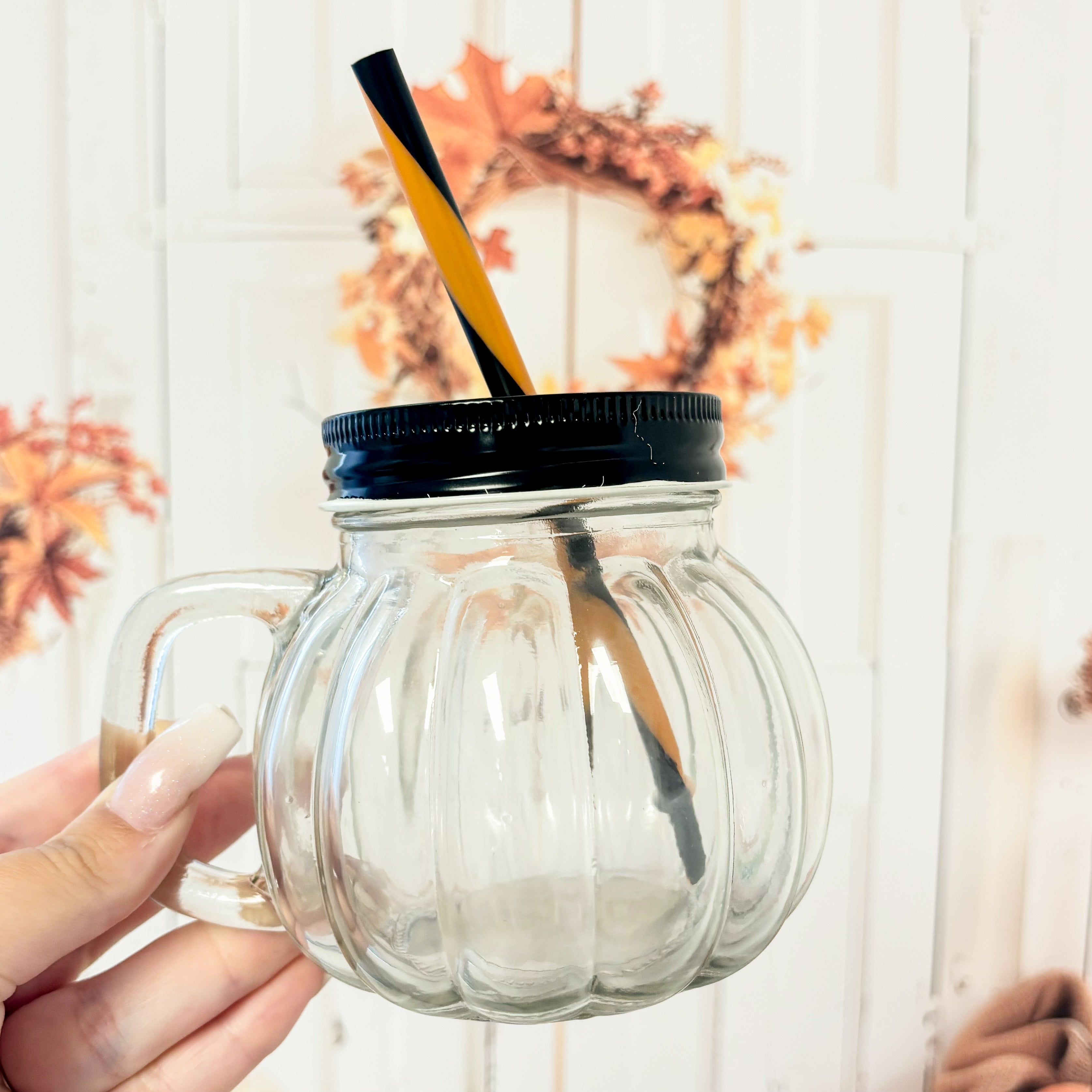 GLASS PUMPKIN JAR & STRAW