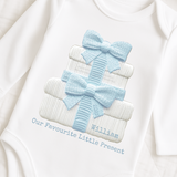 CUSTOM DTF TRANSFER - EMBROIDERED BOW PRESENT - BLUE