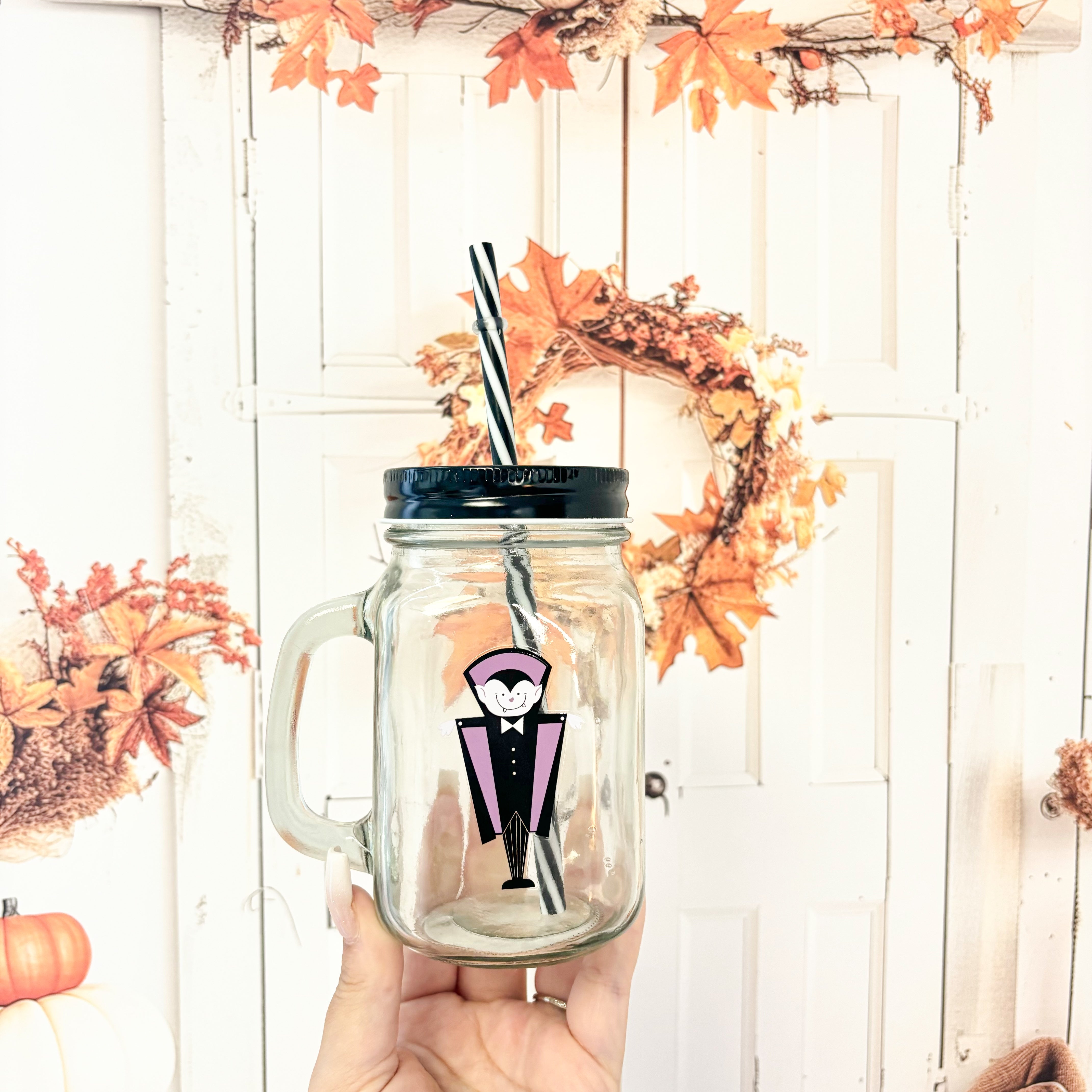 HALLOWEEN GLASS MASON JAR (VARIOUS CHARACTERS)