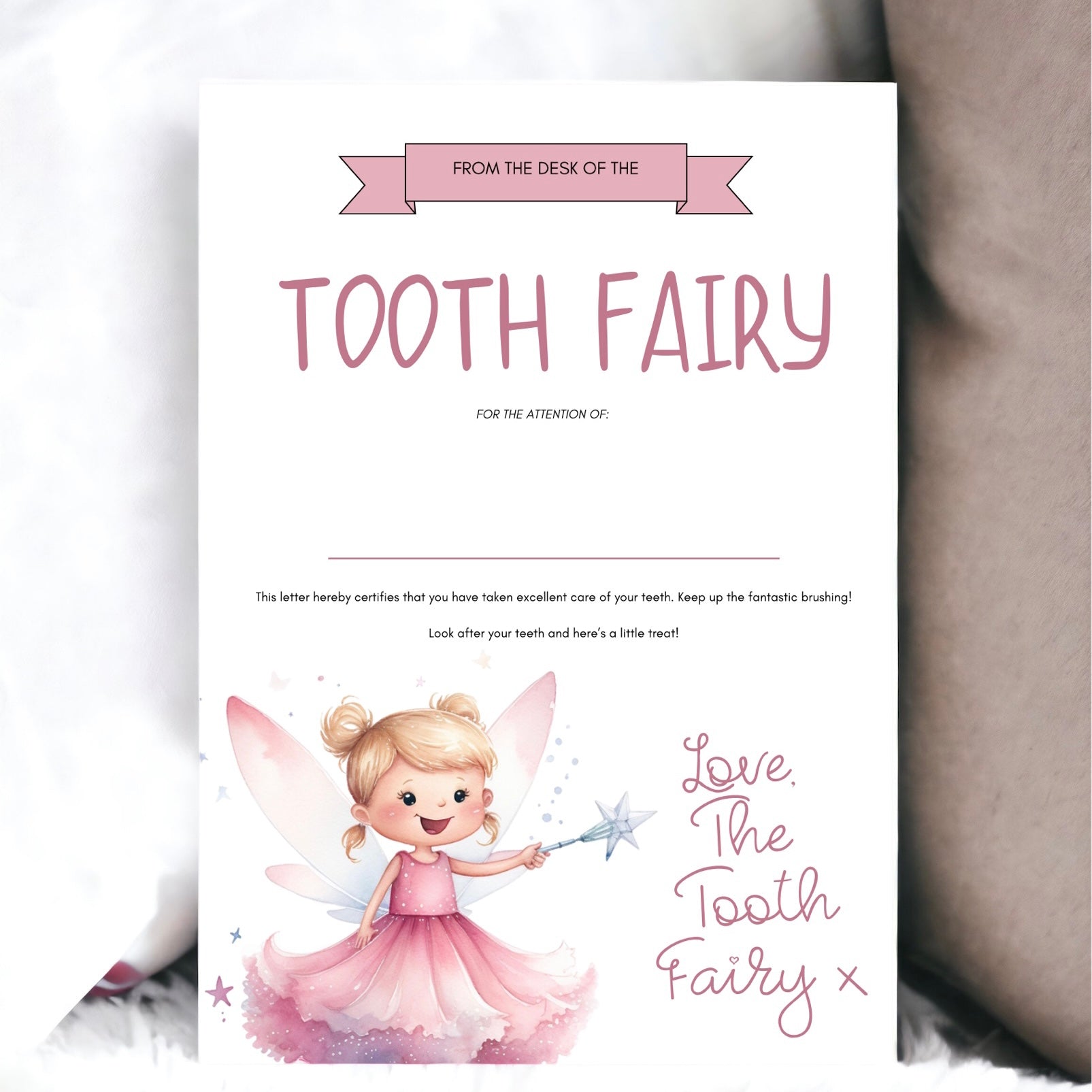 A4 PINK THE TOOTH FAIRY CERTIFICATE