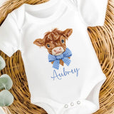 DTF TRANSFER - EMBROIDERY STYLE - HIGHLAND COW - BLUE GINGHAM BOW